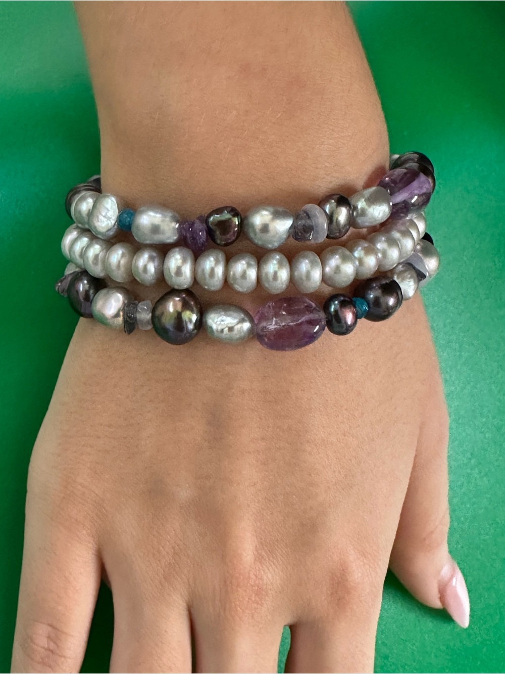 Pearl & Amethyst Bracelet - Elegant Purple and Silver Tones